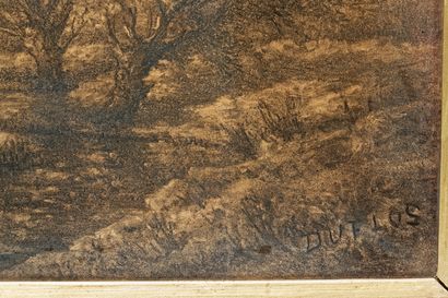DUFLOS "Paysage marécageux", début XXe, pierre noire sur papier, signée en bas à...