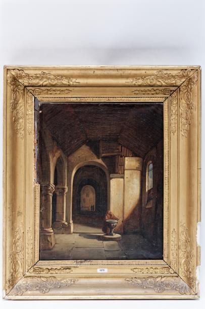 ADAM X. "Intérieur d'église animé", XIXe, huile sur toile, signée en bas à droite,...
