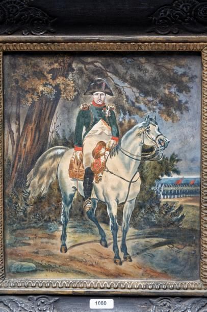 ECOLE FRANCAISE "Portrait équestre de Napoléon", [18]91, technique mixte sur papier,...