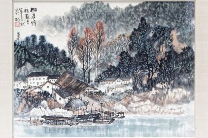 CHINE "Bord de rivière", XXe, lithographie polychrome, 31x41,5 cm (à vue) ; on y...