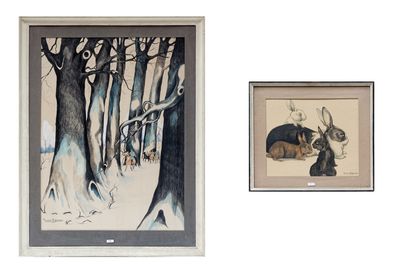 HAGEMANS Germaine (1897-1985) "Cavaliers dans un bois en hiver" et "Groupe de lapins",...