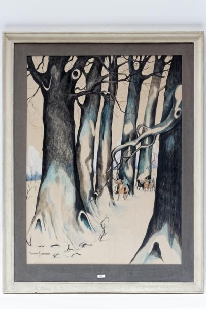 HAGEMANS Germaine (1897-1985) "Cavaliers dans un bois en hiver" et "Groupe de lapins",...