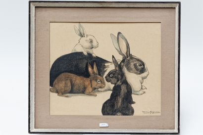 HAGEMANS Germaine (1897-1985) "Cavaliers dans un bois en hiver" et "Groupe de lapins",...