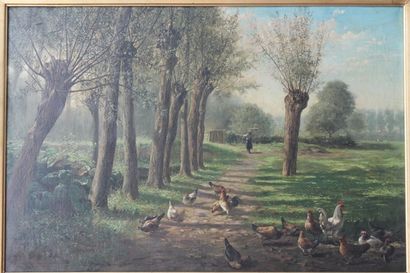 Ecole Belge "Chemin animé", fin XIXe, huile sur toile, signée en bas à gauche, 62x92...