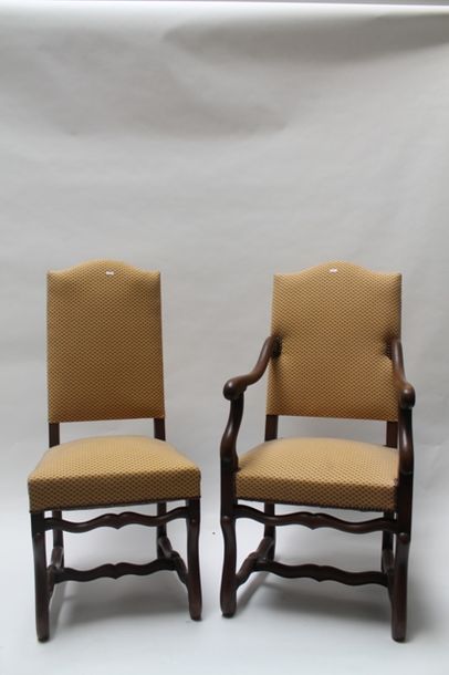 null Suite de six chaises et de deux fauteuils de style Louis XIII, entretoise en...