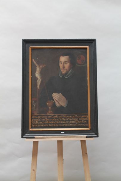 null ANONYME, "Portrait d'homme de qualité", début XVIIe, huile sur panneau, armoiries...