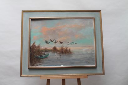 WEBER "Vol de canards sur une lagune", XXe, huile sur toile, signée en bas à droite,...