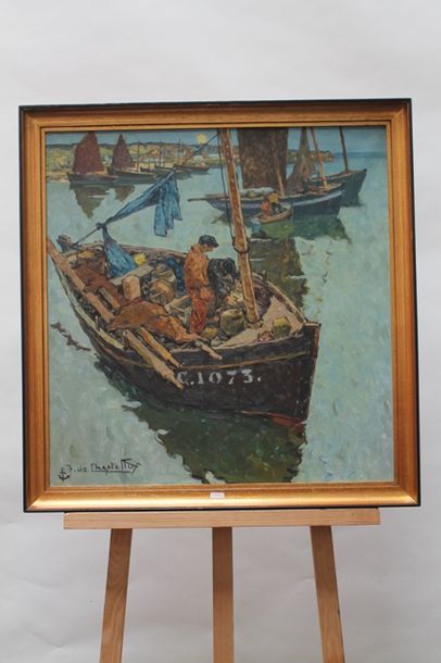 DE CHASTELLUS F. "Port breton", XXe, huile sur toile, signée en bas à gauche, 68,5x65,5...