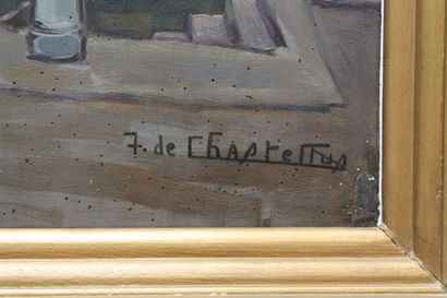 DE CHASTELLUS F. "Ville flamande animée", XXe, huile sur panneau, signée en bas à...