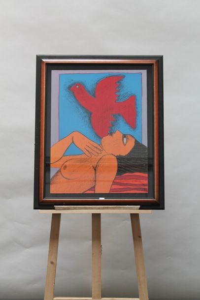 CORNEILLE, VAN BEVERLOO Guillaume Cornelis dit (1922-2010) "Femme à l'oiseau rouge",...