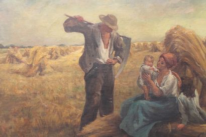 COSTENOBLE August (1894-1976) "Famille au repos dans un champ", XXe, huile sur toile,...