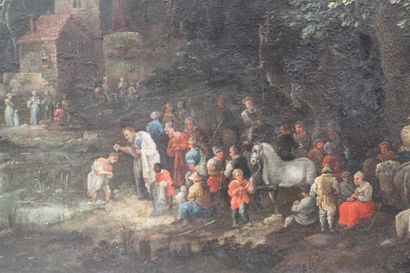 École hollandaise "Le Baptême", XIXe, huile sur cuivre, 35,8x49,2 cm.
