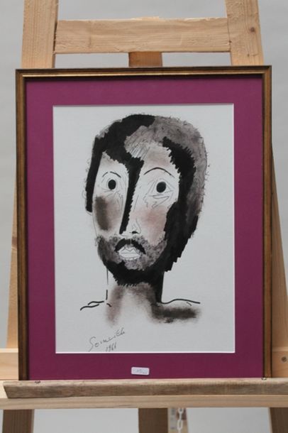 SOMVILLE Roger (1923-2014) "Tête de femme" et "Homme barbu", 1966, paire d'encres...
