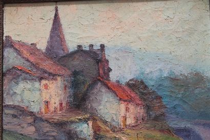 ECOLE FRANCAISE "Village au crépuscule", XXe, huile sur toile, signée en bas à droite,...