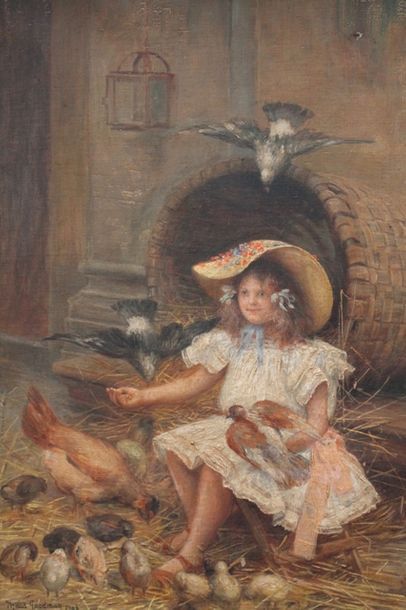 GOODMAN Maud (circa 1860-1938) "Jeune Fille aux oiseaux", 1906, huile sur toile,...