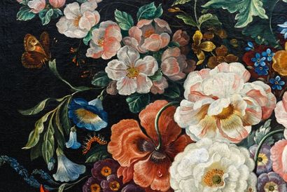 ECOLE FLAMANDE "Bouquet sur un entablement", circa 1700, huile sur toile rentoilée,...