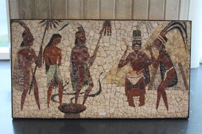 null ANONYME, "Rites incas", XXe, deux panneaux décoratifs en mosaïque (pierres semi-précieuses),...