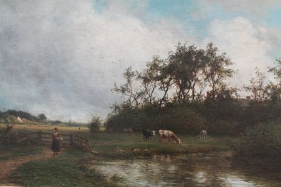 null VAN DEVENTER Jan Frederik (1822-1886), "Paysage animé", fin XIXe, huile sur...