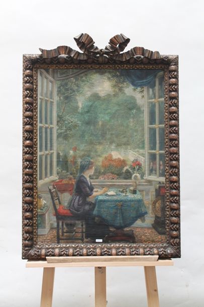 null ÉCOLE FRANÇAISE, "Femme à la fenêtre", 1915, huile sur toile, signée [... Delsaux]...