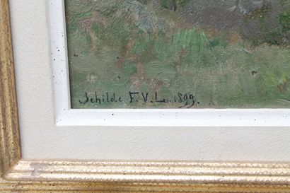 VAN LEEMPUTTEN Frans (1850-1914) [attribué à] "Vue de Schilde", 1899, huile sur panneau,...