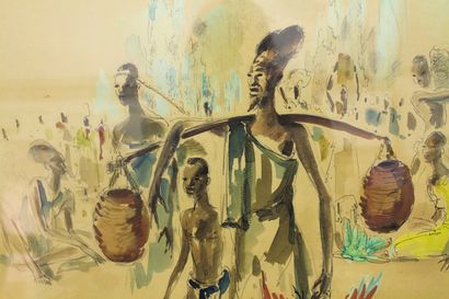 DAXHELET Paul (1905-1993) "Tribu", XXe, aquarelle sur papier, signée en bas à droite,...