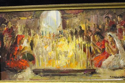 DAXHELET Paul (1905-1993) "Rites autour du feu", XXe, huile sur panneau, signée en...