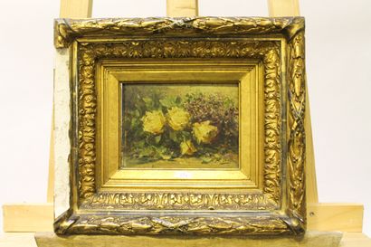 BELLIS Hubert (1831-1902) "Nature morte aux roses", circa 1900, huile sur panneau,...