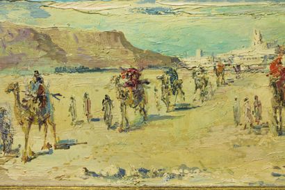 DAXHELET Paul (1905-1993) "Maroc : La Caravane", XXe, huile sur panneau, signée bas...