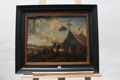 ECOLE FLAMANDE "Vue de campement", XIXe, huile sur panneau, 37x45 cm.