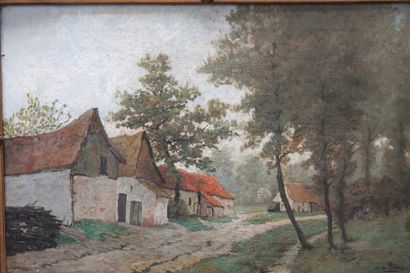 DE BISEAU DE HAUTEVILLE Aristide (1844-1883) "Chemin bordé de fermes", XIXe, huile...
