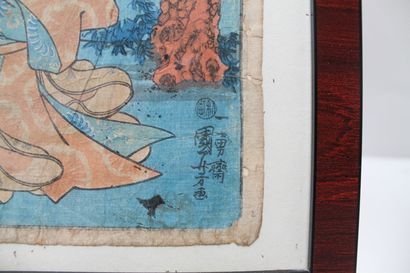 JAPON "Scènes romanesques", XIXe, paire d'estampes polychromes, 35x23 cm [altérations...