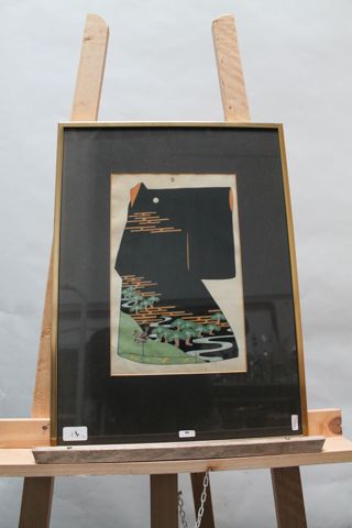 JAPON "Kimonos", suite de trois estampes polychromes, 34,5x22,5 cm, 34,5x21,5 cm...