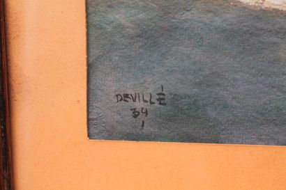 DEVILLE "Église villageoise", [19]34, aquarelle sur papier, signée et datée en bas...