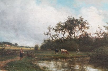 VAN DEVENTER Jan Frederik (1822-1886) "Paysage animé", fin XIXe, huile sur toile,...