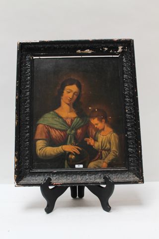 DEVIGNÉ F. "Vierge à l'Enfant", XIXe, huile sur panneau, signée en haut à droite,...