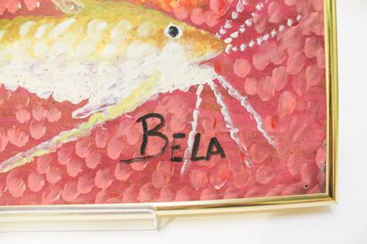 BELA (1940-1968) "Poissons et volatiles", XXe, huile sur panneau, signée en bas à...