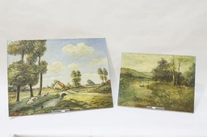 MEYERS Isidore (1836-1917) "Vue d'étang animé", XIXe, huile sur toile, signée en...