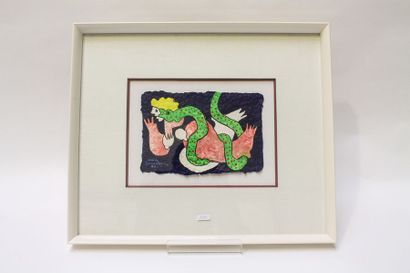 DE GUIMARAES José "Femme au serpent", 1984, technique mixte, signée et datée en bas...