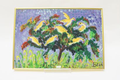 BELA (1940-1968) "Arbre aux oiseaux", XXe, huile sur panneau, signée en bas à droite,...