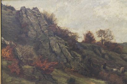 BARON Théodore (1840-1899) "Rochers en Ardennes", [18]70, huile sur panneau, signée...