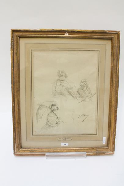 CLAIRIN GEORGES (1843-1919) "Triple esquisse d'élégante à l'ombrelle", XIXe, crayon...