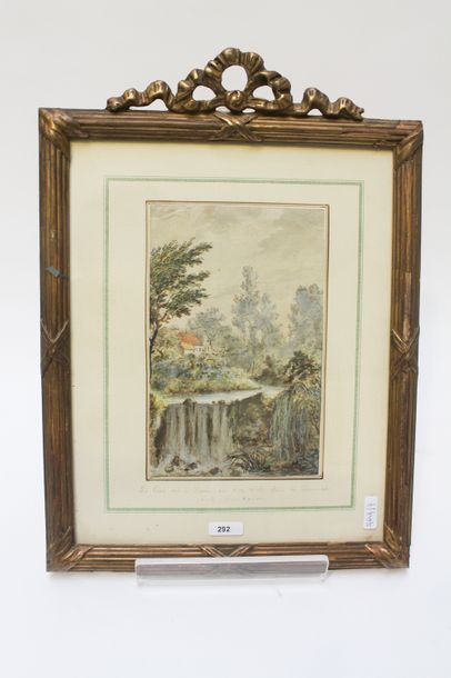 ECOLE FRANCAISE "Paysage à la cascade", XIXe, encre et aquarelle sur papier vergé,...