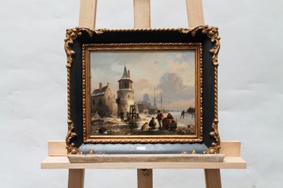 RUYTEN JAN MICHIEL (1813-1881) "Paysage hivernal animé", [18]53, huile sur carton...