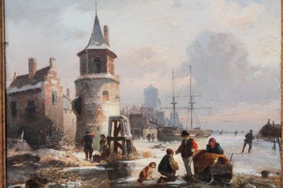 RUYTEN JAN MICHIEL (1813-1881) "Paysage hivernal animé", [18]53, huile sur carton...