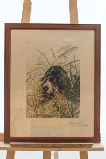 DANCHIN Léon (1887-1938) "Chien à la bécassine", XXe, lithographie polychrome, signée...