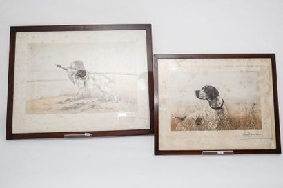 DANCHIN Léon (1887-1938) "Chiens de chasse", XXe, deux lithographies polychromes,...