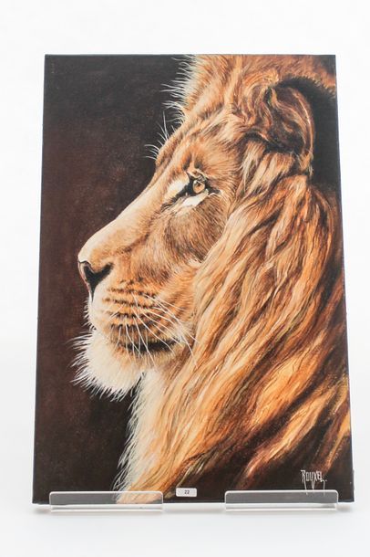 ROUXEL Aline "Lion de profil", XXIe, acrylique sur toile, signée en bas à droite,...