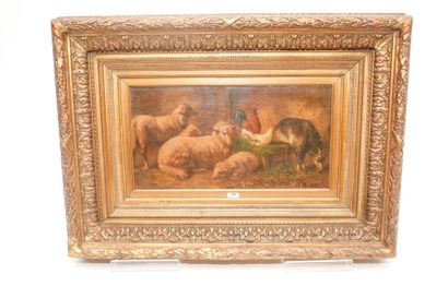 Ecole Belge "Moutons à l'étable", fin XIXe, huile sur toile, signée en bas à droite,...