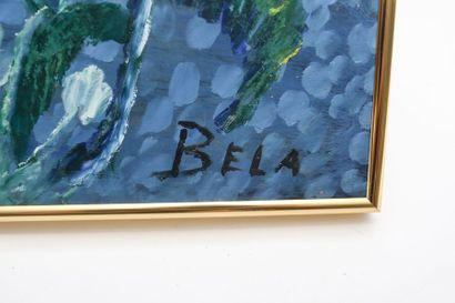 BELA (1940-1968) "Banc de poissons", XXe, huile sur panneau, signée en bas à droite,...