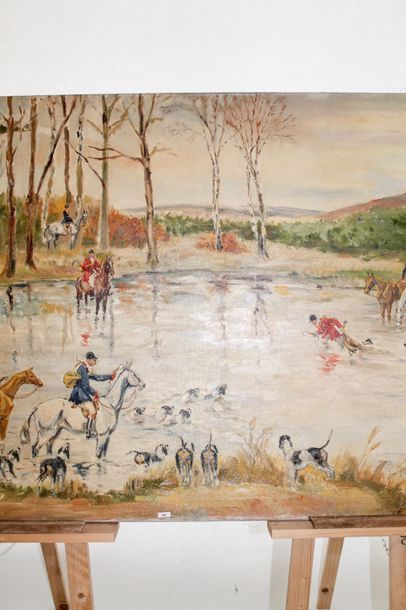 ECOLE FRANCAISE "Chasse à courre", début XXe, huile sur toile, monogramme en bas...